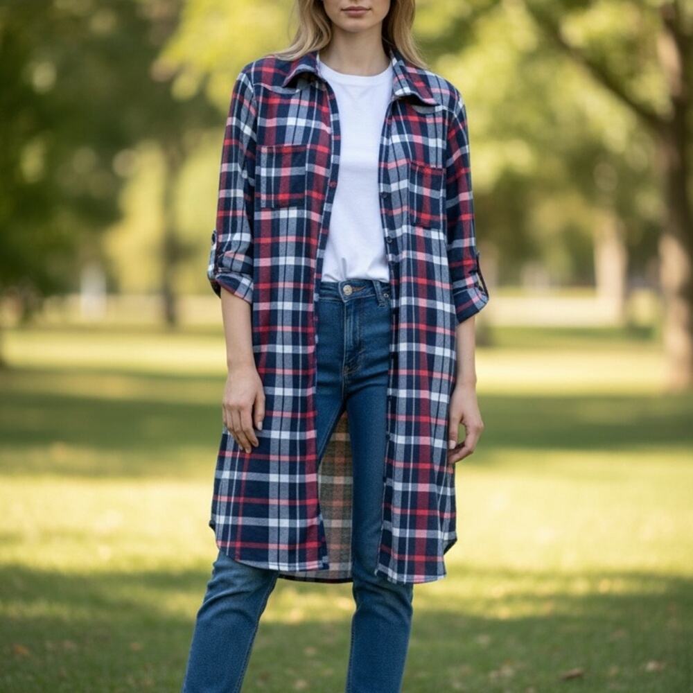 Long Plaid Button-Up Tunic in Red, Navy and White
